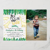 Four Ever Wild Dinosaur Boys 4th Birthday写真 箔招待状 (正面)