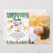 Four Ever Wild Girls Dinosale 4th Birthday写真 サンキューカード (正面)