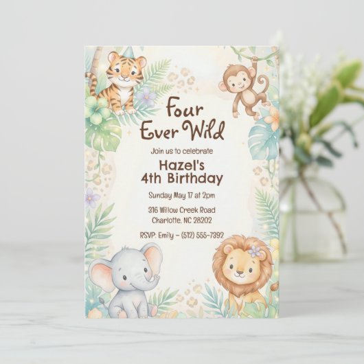Four Ever Wild Jungle Safari Animals 4th Birthday  招待状 (スタンド正面)
