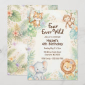Four Ever Wild Jungle Safari Animals 4th Birthday  招待状 (正面/裏面)