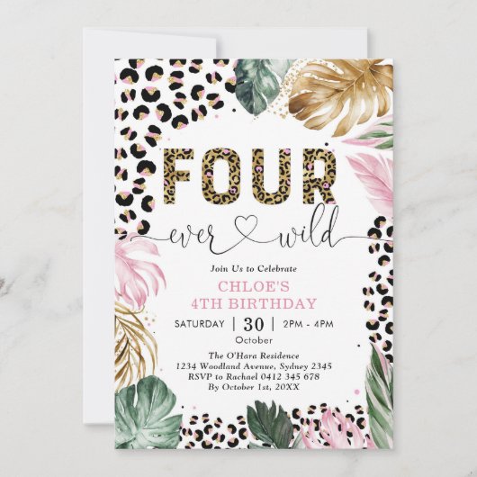 Four Ever Wild Leopard Girl 4th Birthday 招待状 (正面)