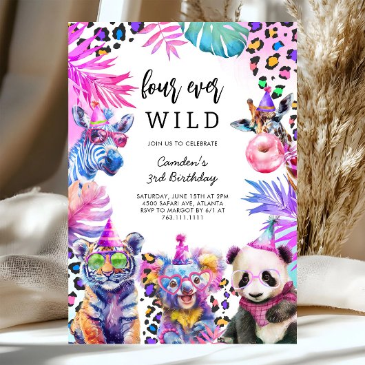Four Ever Wild Safari Animals 4th Birthday  招待状
