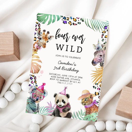 Four Ever Wild Safari Animals 4th Birthday 招待状