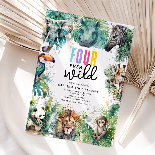 Four Ever Wild Safari Animals Cool 4th Birthday 招待状