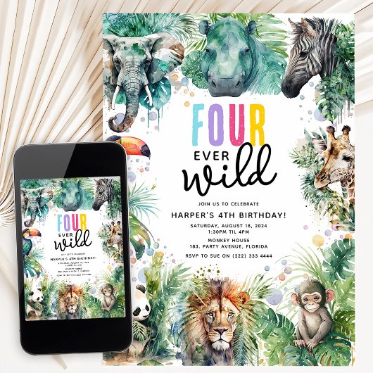 Four Ever Wild Safari Animals Cool 4th Birthday 招待状