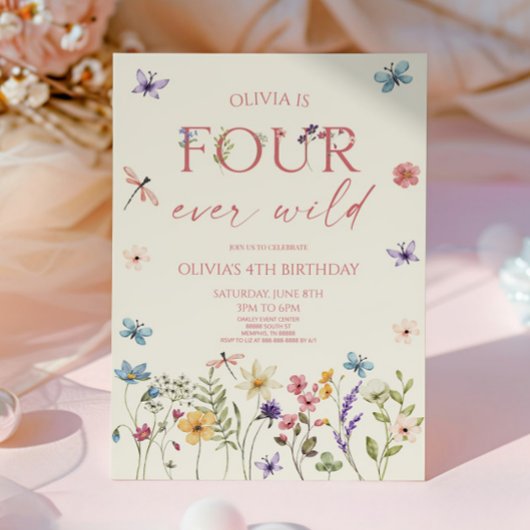 Four Ever Wild Wildflower 4歳の誕生日パーティー 招待状