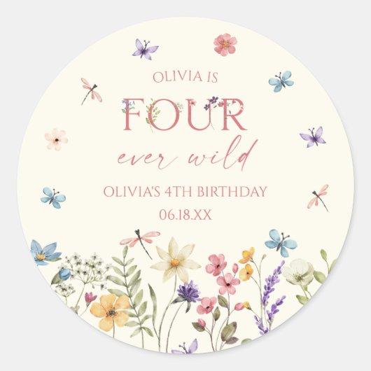 Four Ever Wild Wildflower 4th Birthday Party ラウンドシール (正面)