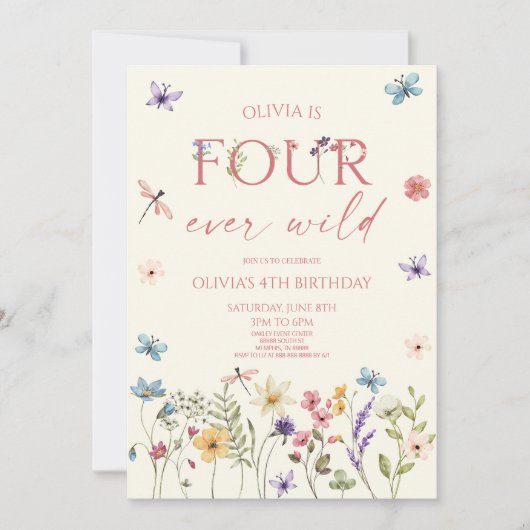 Four Ever Wild Wildflower 4th Birthday Party 招待状 (正面)