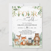 Four Ever Wild Woodland Party Animals 4th Birthday 招待状 (正面)