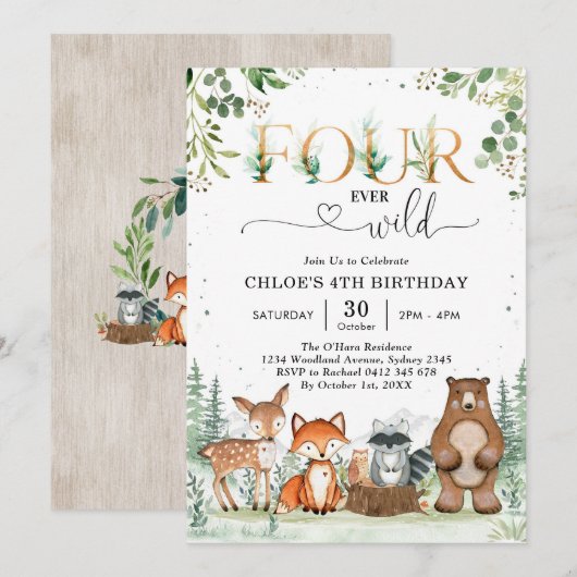 Four Ever Wild Woodland Party Animals 4th Birthday 招待状 (正面/裏面)