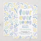 Four Ever Young Confetti Balloon 4th Birthday  招待状 (正面/裏面)