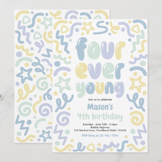 Four Ever Young Confetti Balloon 4th Birthday  招待状 (正面/裏面)