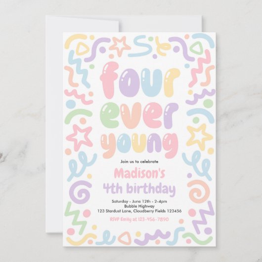 Four Ever Young Confetti Balloon 4th Birthday  招待状 (正面)