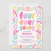 Four Ever Young Confetti Balloon 4th Birthday  招待状 (正面)