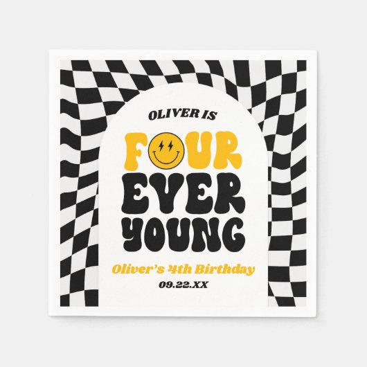 Four Ever Young Retro Fourth 4th Birthday Party スタンダードカクテルナプキン (正面)