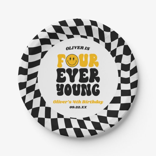 Four Ever Young Retro Fourth 4th Birthday Party ペーパープレート (正面)