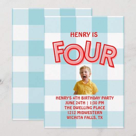 FOUR fourth birthday invitation for boys 招待状 (正面/裏面)