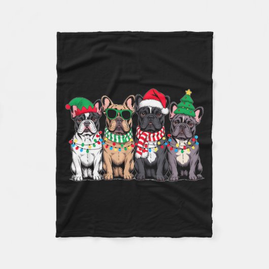 Four French Bulldog Dogs Christmas Funny Santa Rei フリースブランケット (正面)