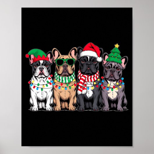 Four French Bulldog Dogs Christmas Funny Santa Rei ポスター (正面)