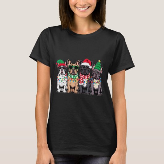 Four French Bulldog Dogs Christmas Funny Santa Rei Tシャツ (正面)