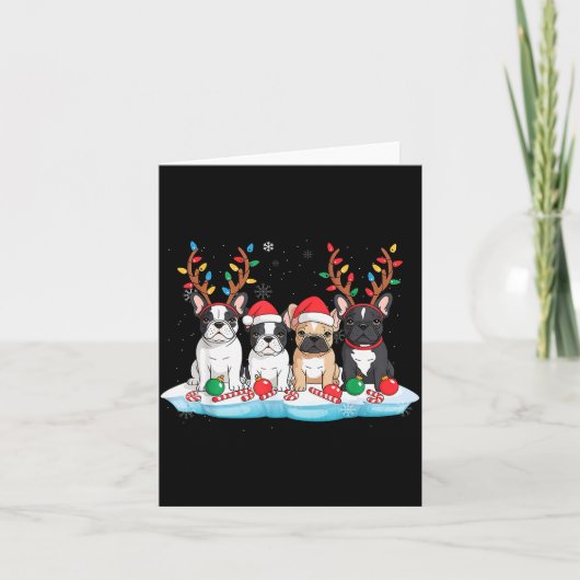 Four French Bulldog Dogs Christmas Light Reindeer  カード (正面)