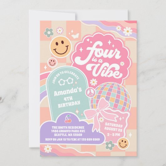 Four Is A Vibe Cloud Rainbow Disco 4th Birthday 招待状 (正面)