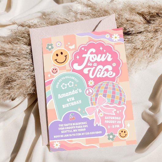 Four Is A Vibe Cloud Rainbow Disco 4th Birthday 招待状