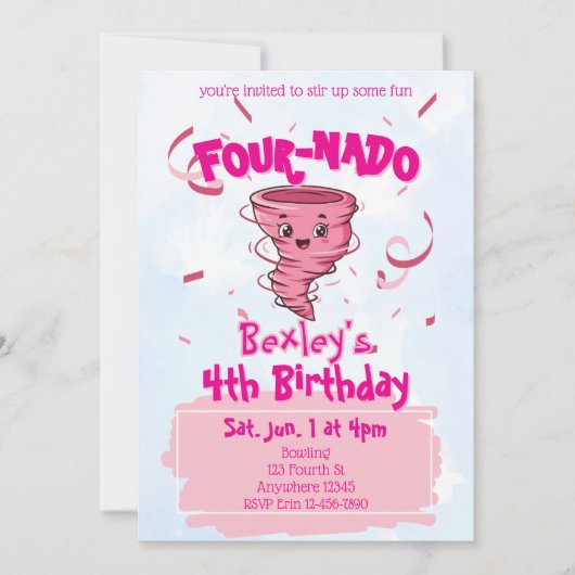 Four-Nado Pink Tornado 4th Birthday 招待状 (正面)