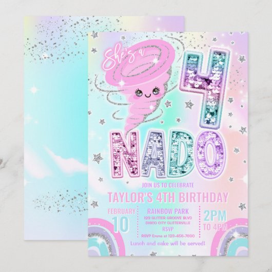 Four Nado Rainbow Glitter 4th Birthday Party  招待状 (正面/裏面)