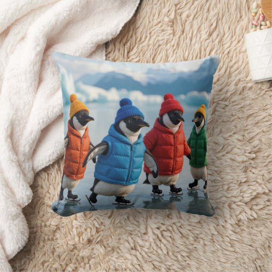 Four Penguins Ice Skating On Arctic Lake クッション (ブランケット)