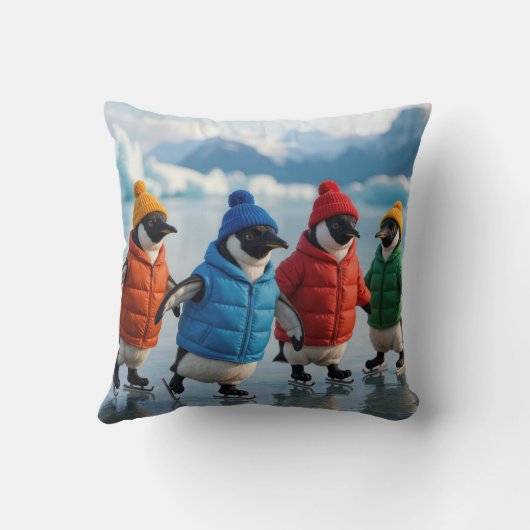 Four Penguins Ice Skating On Arctic Lake クッション (裏面)