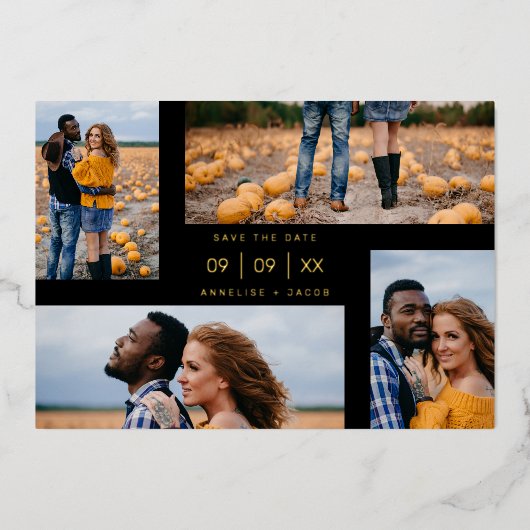 Four Photos Collage Minimalist Modern Wedding 箔招待状 (正面)