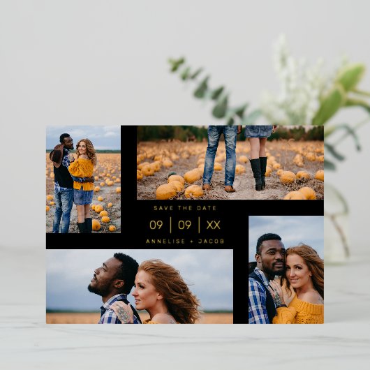 Four Photos Collage Minimalist Modern Wedding 箔招待状 (立ち正面)