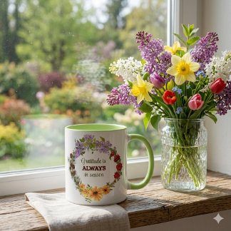 Four Seasons Floral Wreath Gratitude Quote Mug マグカップ