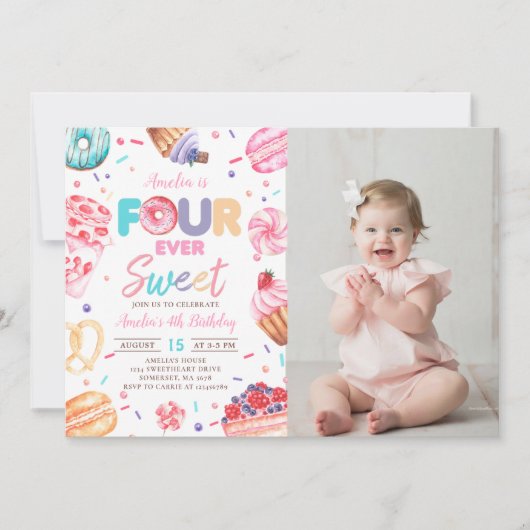 Four Sweet Dout Candy 4th Birthday Photo 招待状 (正面)