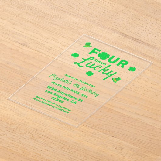 Four Times Lucky 4th Birthday アクリル招待状 (レイダウン)