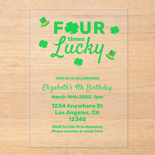 Four Times Lucky 4th Birthday アクリル招待状 (正面)