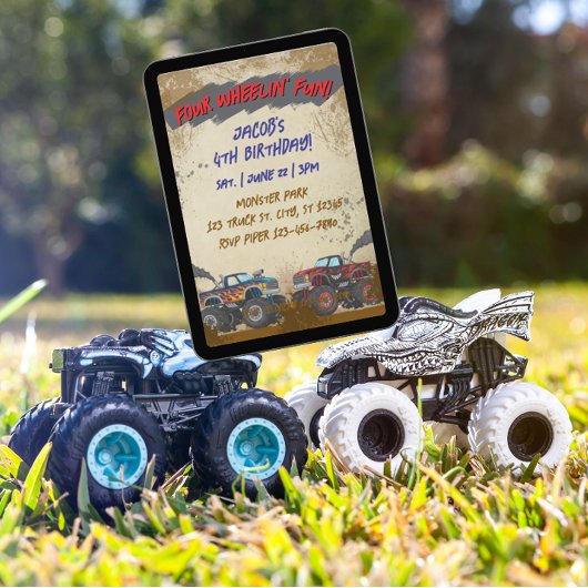 Four Wheelin' Fun Monster Truck Birthday  招待状