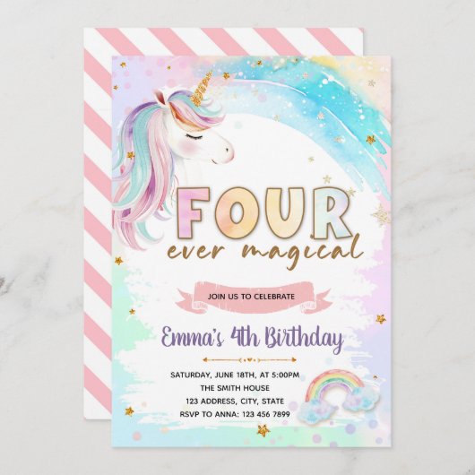 FOURever unicornの魔法の誕生日の招待状 招待状 (正面/裏面)