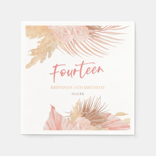 Fourteen Boho Pink Floral 14th Birthday Party スタンダードカクテルナプキン (正面)