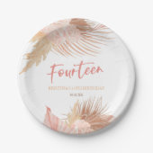 Fourteen Boho Pink Floral 14th Birthday Party ペーパープレート (正面)