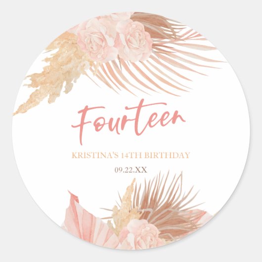 Fourteen Boho Pink Floral 14th Birthday Party ラウンドシール (正面)