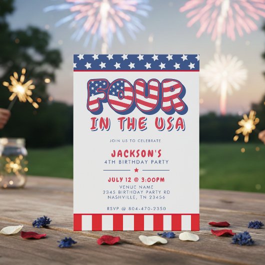 Fourth Birthday Party Patriotic USA Flag July 4th 招待状