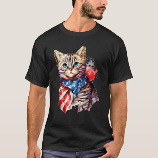 Fourth of July Cat American Flag America Patriotic Tシャツ (正面)