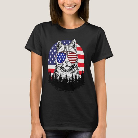 Fourth of July Womens Meowica Cute Kitten Cat Grap Tシャツ (正面)