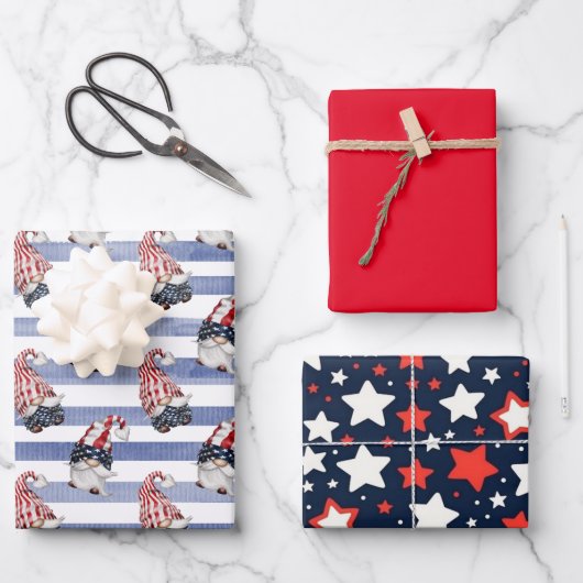 Fourth Of July Wrapping Paper Flat Sheet Set of 3 ラッピングペーパーシート (正面)