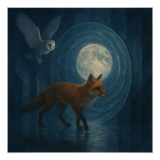 Fox and Barn Owl Under the Moonlit Portal – GeoWil ポスター