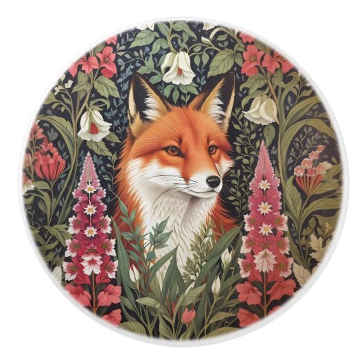 Fox and Foxglove Flowers William Morris Inspired セラミックノブ (正面)