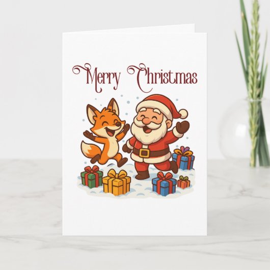 Fox and Santa Christmas Folded Greeting Card カード (正面)