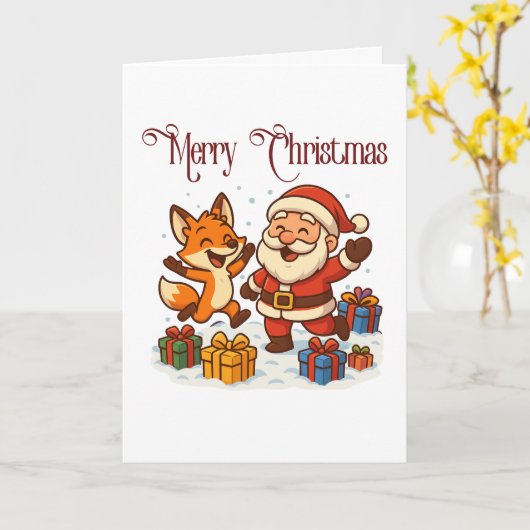 Fox and Santa Christmas Folded Greeting Card カード (黄色い花)